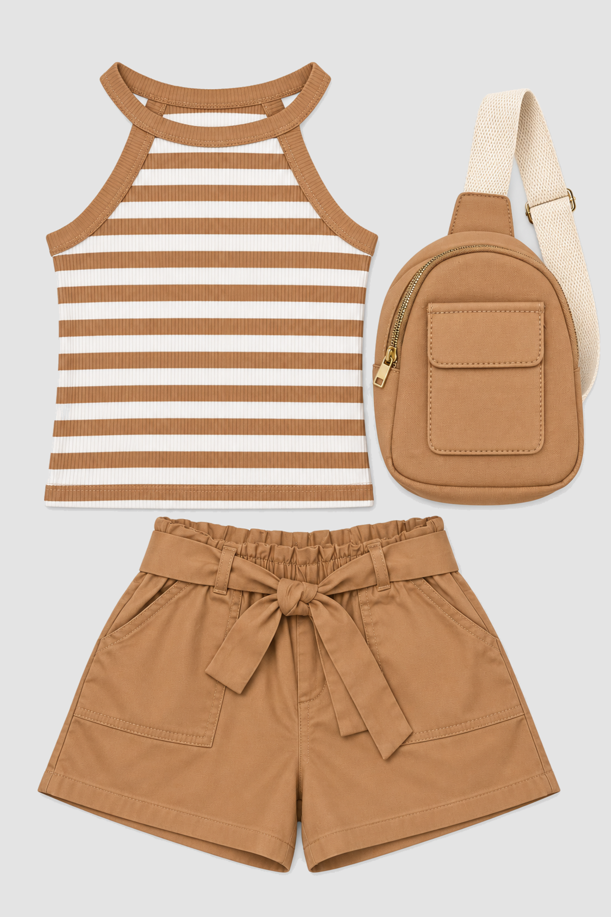 Ensemble fille camel 3 pièces, haut rayé, short et sac – Max Studio (7–8 ans) – vue d’ensemble