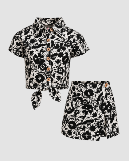 Ensemble fille Vince Camuto fleuri noir et écru, chemise et short (5 ans) – ensemble complet