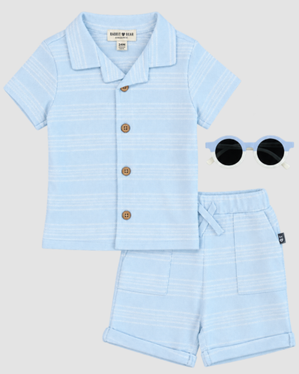 ensemble Rabbit + Bear 3 pièces bleu ciel, chemise rayée, short rayé et lunettes assorties