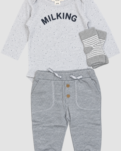 ensemble Rabbit + Bear 3 pièces, body gris chiné MILKING, pantalon gris et paire de chaussettes rayées