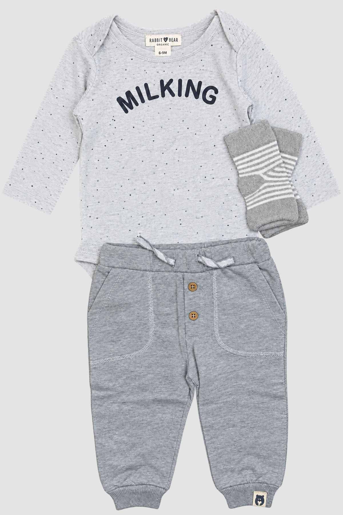 ensemble Rabbit + Bear 3 pièces, body gris chiné MILKING, pantalon gris et paire de chaussettes rayées
