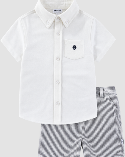 ensemble Sperry chemise blanche à manches courtes et short rayé gris et blanc