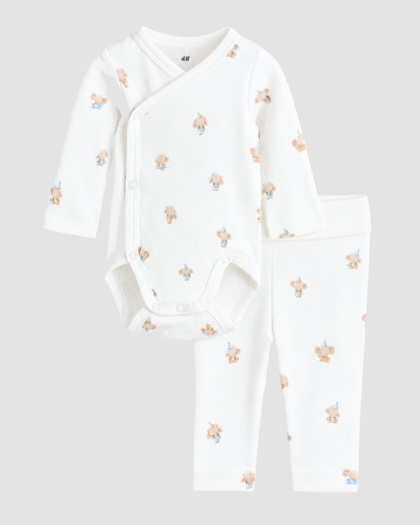 Ensemble naissance H&M body croisé et pantalon à petits animaux – 2 pièces – ensemble complet