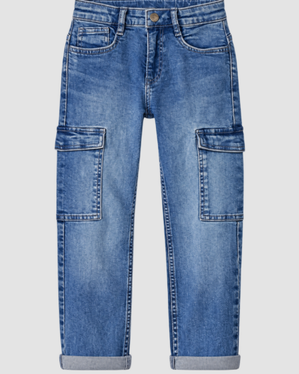 Jean cargo garçon bleu délavé à poches et revers (8 ans) – Vue principale