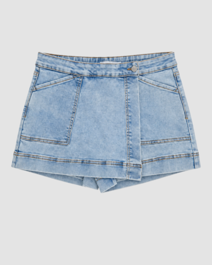 Jupe-short fille en jean bleu clair à poches (12 ans) – vue d’ensemble