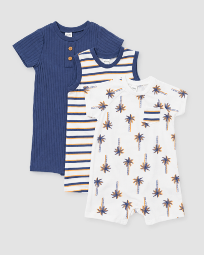 Lot de 3 barboteuses bébé Petit Lem bleu marine, à rayures et à imprimé palmiers
