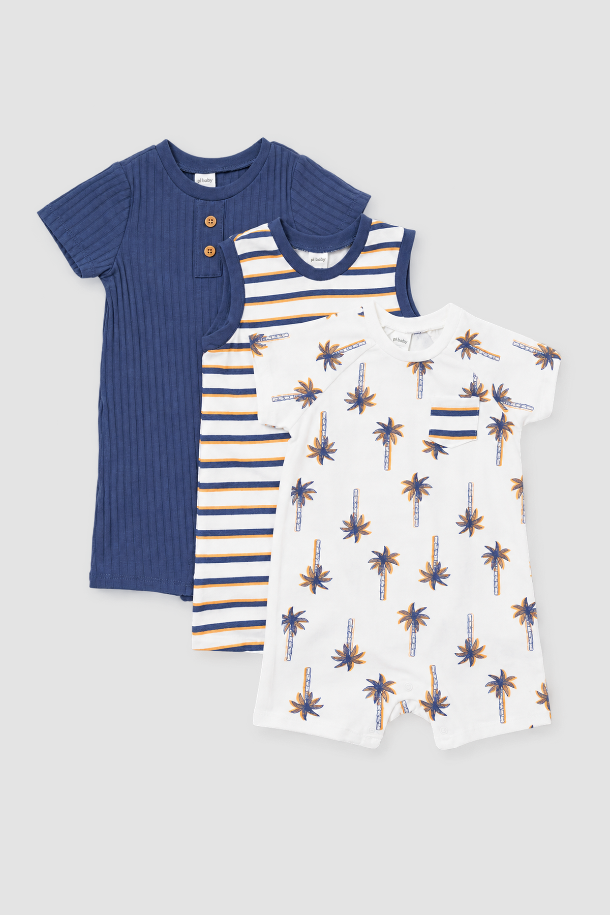 Lot de 3 barboteuses bébé Petit Lem bleu marine, à rayures et à imprimé palmiers