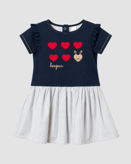 Robe bébé fille bleu marine à cœurs rouges et lapin – Orchestra (18 mois) – vue avant