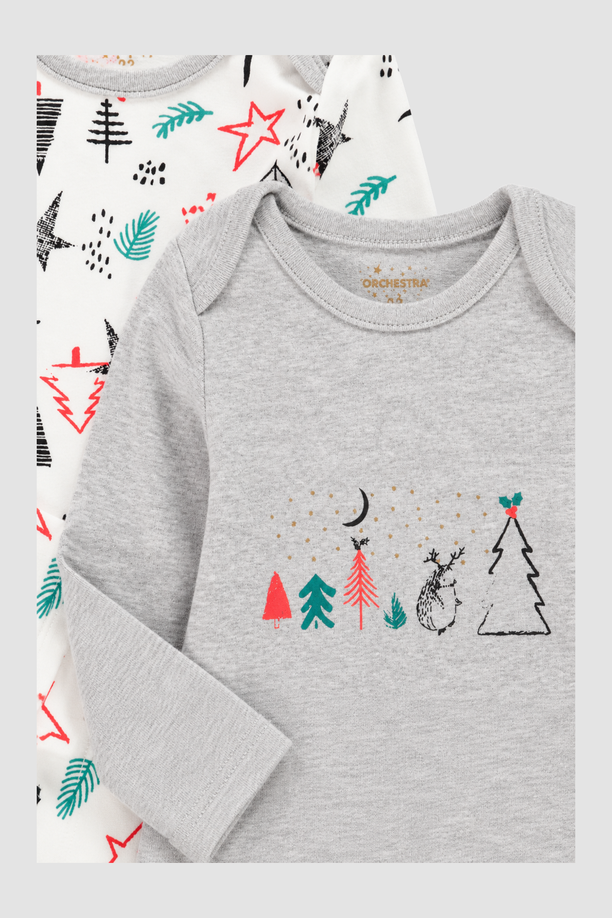 Lot de 2 bodies bébé à manches longues motifs forêt blanc et gris – Orchestra (1 mois) – détail des encolures et des motifs