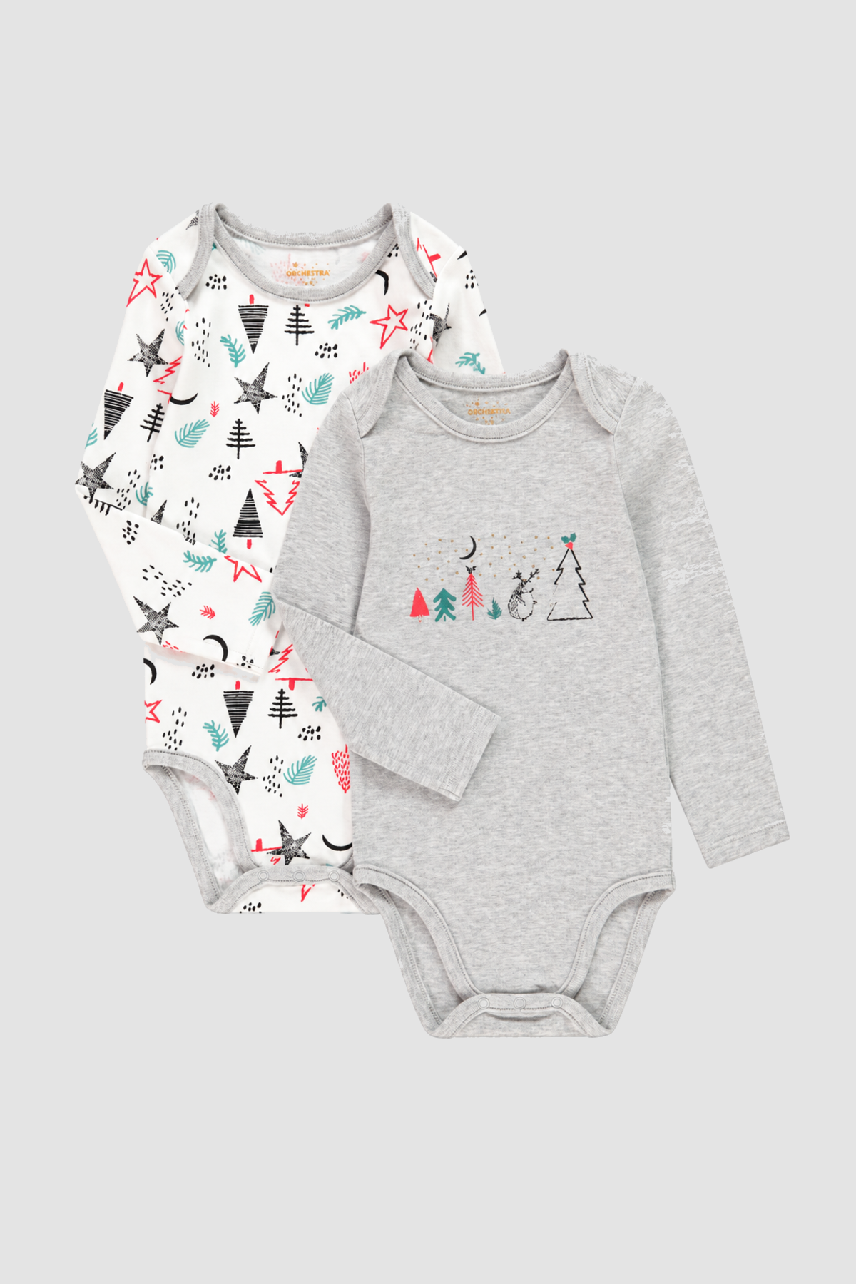 Lot de 2 bodies bébé à manches longues motifs forêt blanc et gris – Orchestra (1 mois) – vue du lot de deux bodies