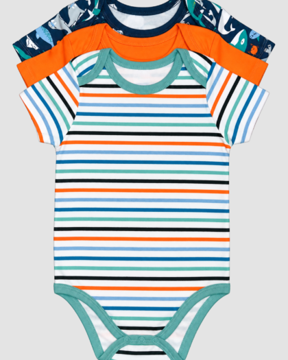 Lot de 3 bodies bébé garçon Payfang orange, rayé et animaux marins (12 mois) – ensemble complet