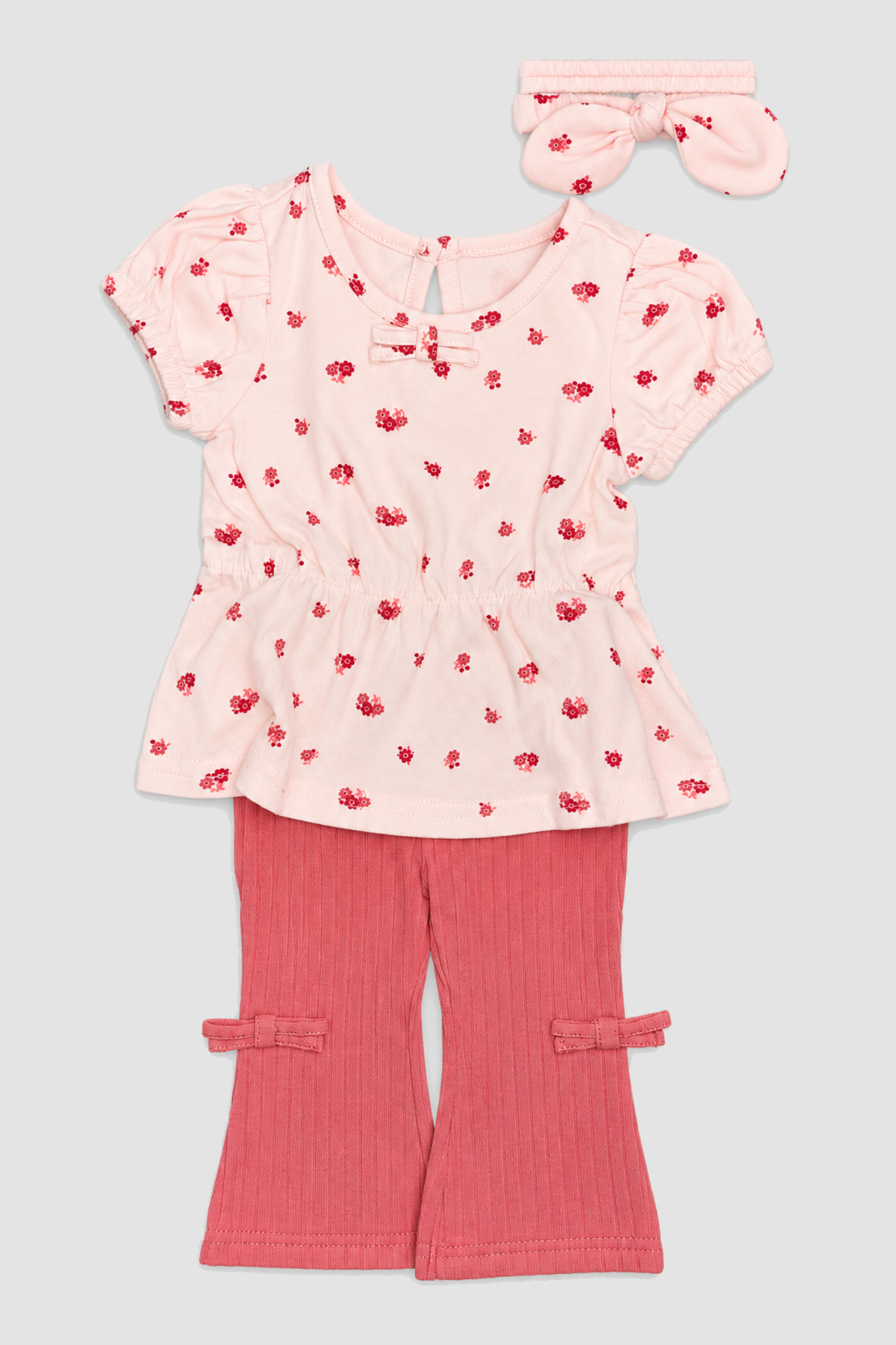 Ensemble bébé fille Petit Lem haut fleuri, pantalon corail et bandeau – 3 pièces (6 et 9 mois) – ensemble complet