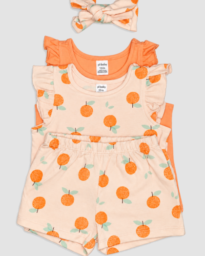 Ensemble bébé fille Petit Lem oranges, deux hauts, short et bandeau – 4 pièces (12 mois) – ensemble complet