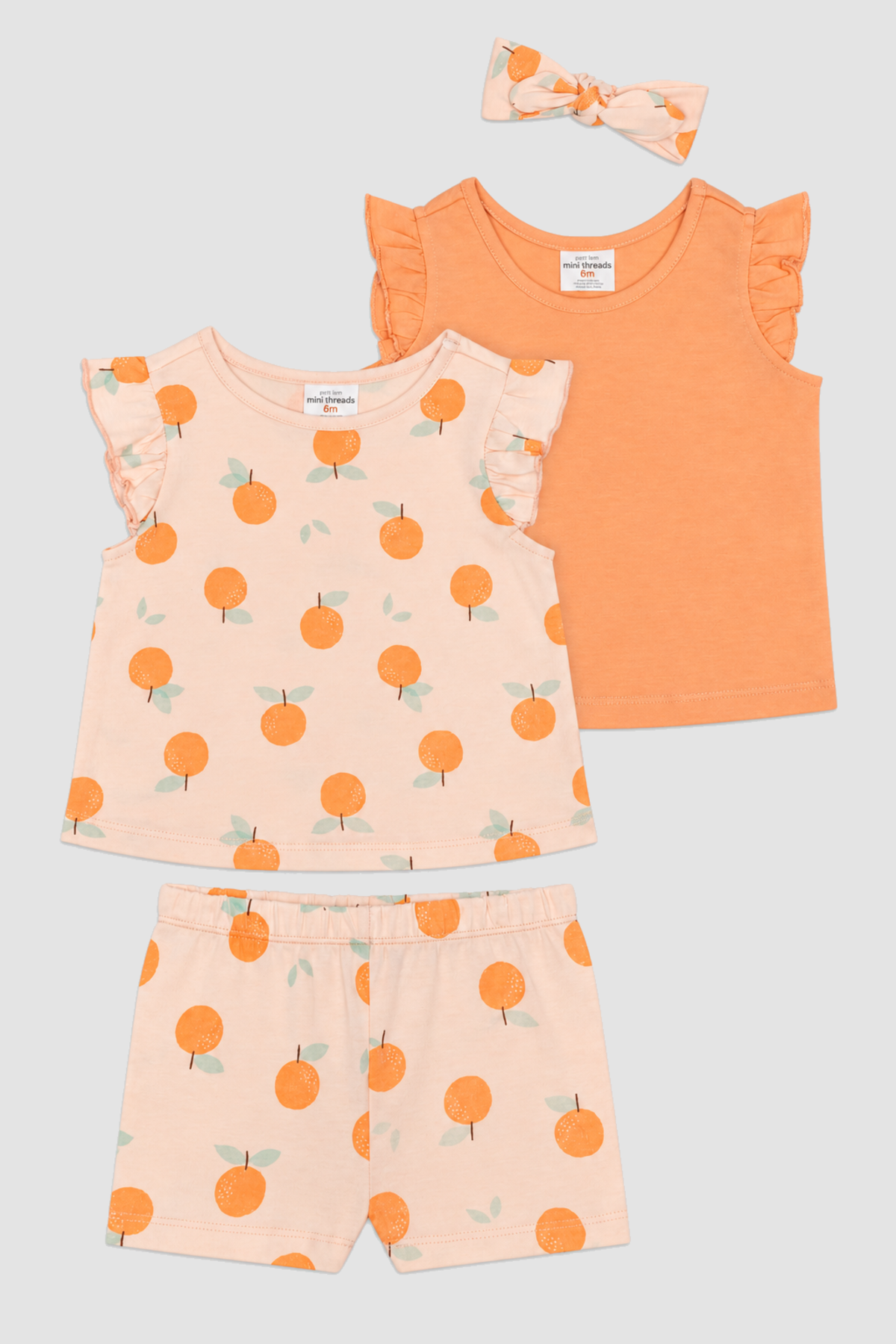 Ensemble bébé fille Petit Lem oranges, deux hauts, short et bandeau – 4 pièces (12 mois) – vue complémentaire 1