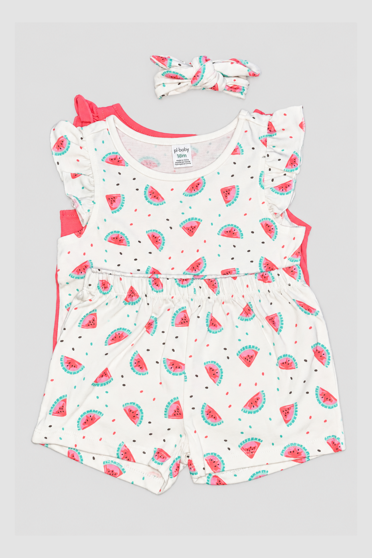 Ensemble bébé fille Petit Lem pastèques, deux hauts, short et bandeau – 4 pièces (18 mois) — vue principale