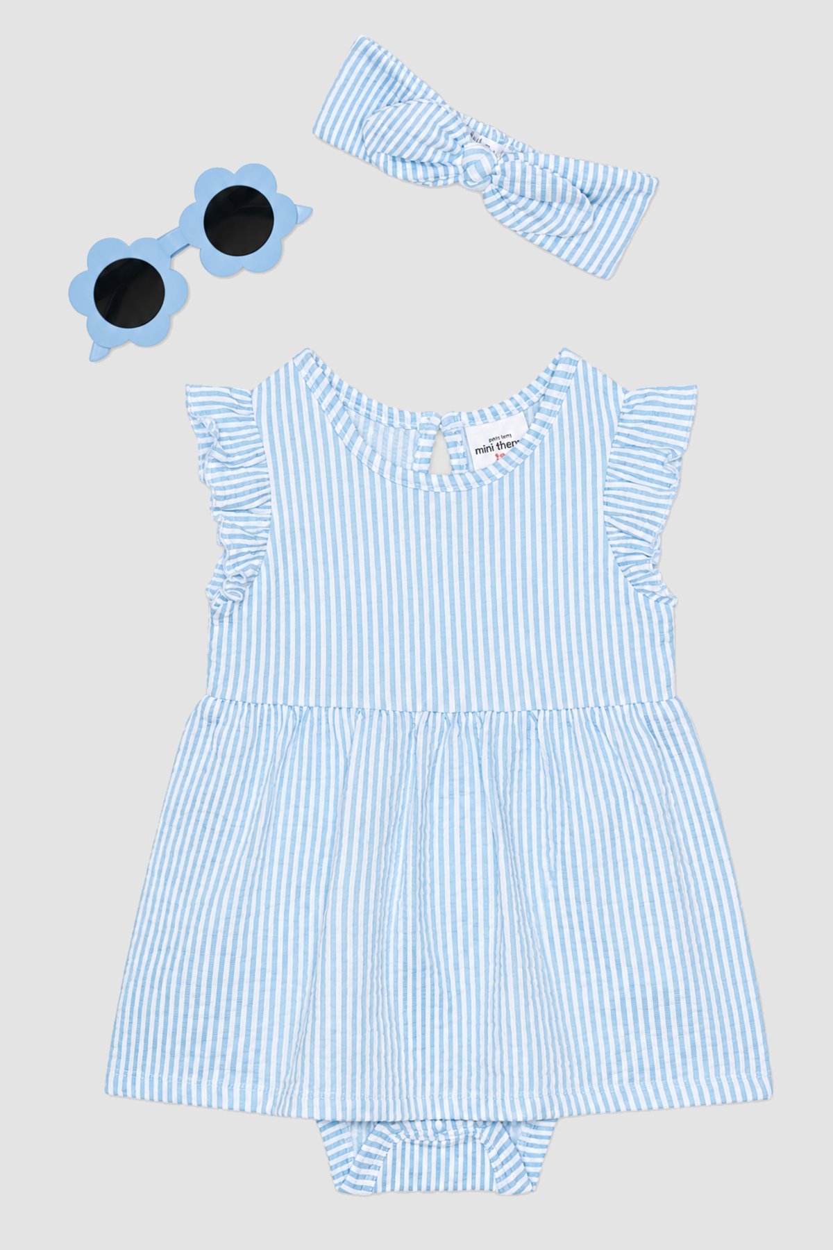 Ensemble bébé fille Petit Lem robe-body rayée bleue et accessoires – 4 pièces (6 mois) – ensemble complet