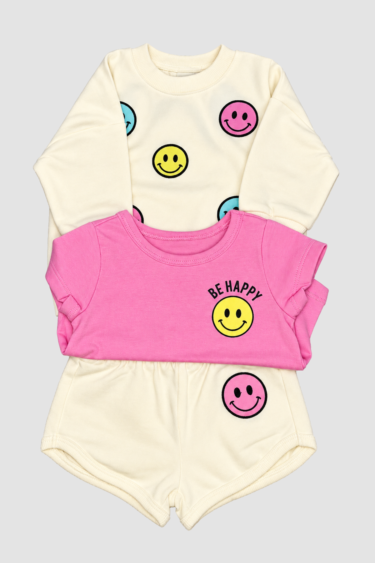 Ensemble bébé fille Petit Lem smileys, sweat, T-shirt et short – 3 pièces (3 mois) – ensemble complet