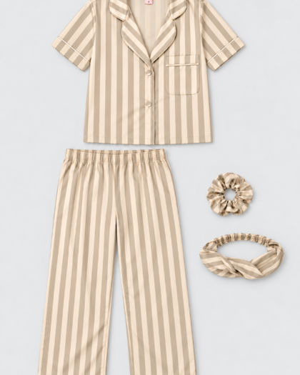 Pyjama pour femme – Ensemble beige à rayures crème Coccolarsi – Haut à manches courtes, vue corrigée