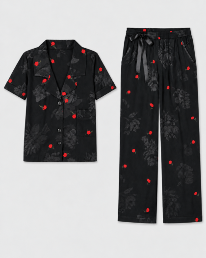 Pyjama pour femme – Ensemble noir à fleurs rouges Seamlife – Haut à manches courtes, vue corrigée