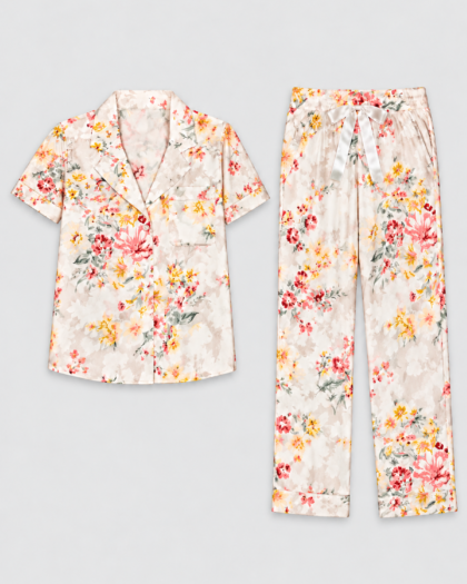 Pyjama pour femme – Ensemble ivoire à fleurs roses et jaunes Seamlife – Haut à manches courtes, vue corrigée