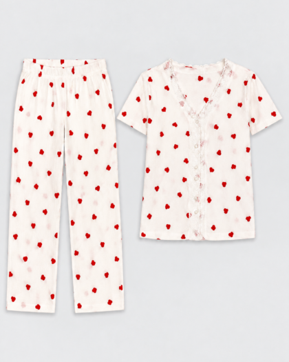 Pyjama pour femme – Chemise de nuit blanche à cœurs rouges et dentelle – Haut à manches courtes, vue corrigée
