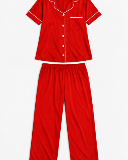 Pyjama pour femme – Ensemble rouge à liserés blancs – Haut à manches courtes, vue corrigée