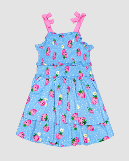 Robe fille bleue à fraises et bretelles roses – Lemon Kiss (10 ans) – vue d’ensemble