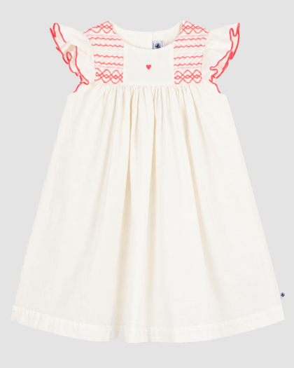 Robe fille Petit Bateau beige à smocks et broderies corail (6 et 10 ans) – vue de face