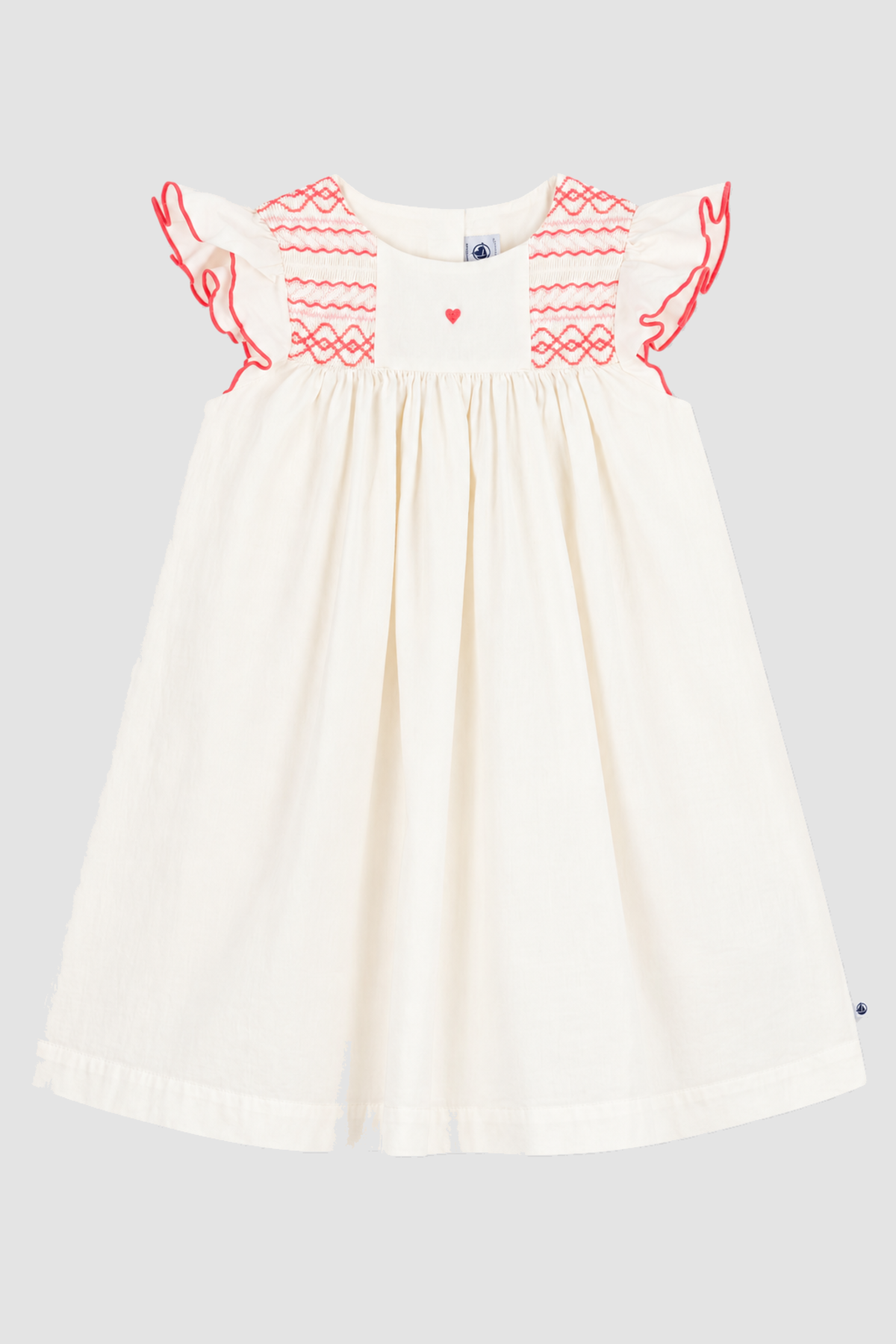 Robe fille Petit Bateau beige à smocks et broderies corail (6 et 10 ans) – vue de face