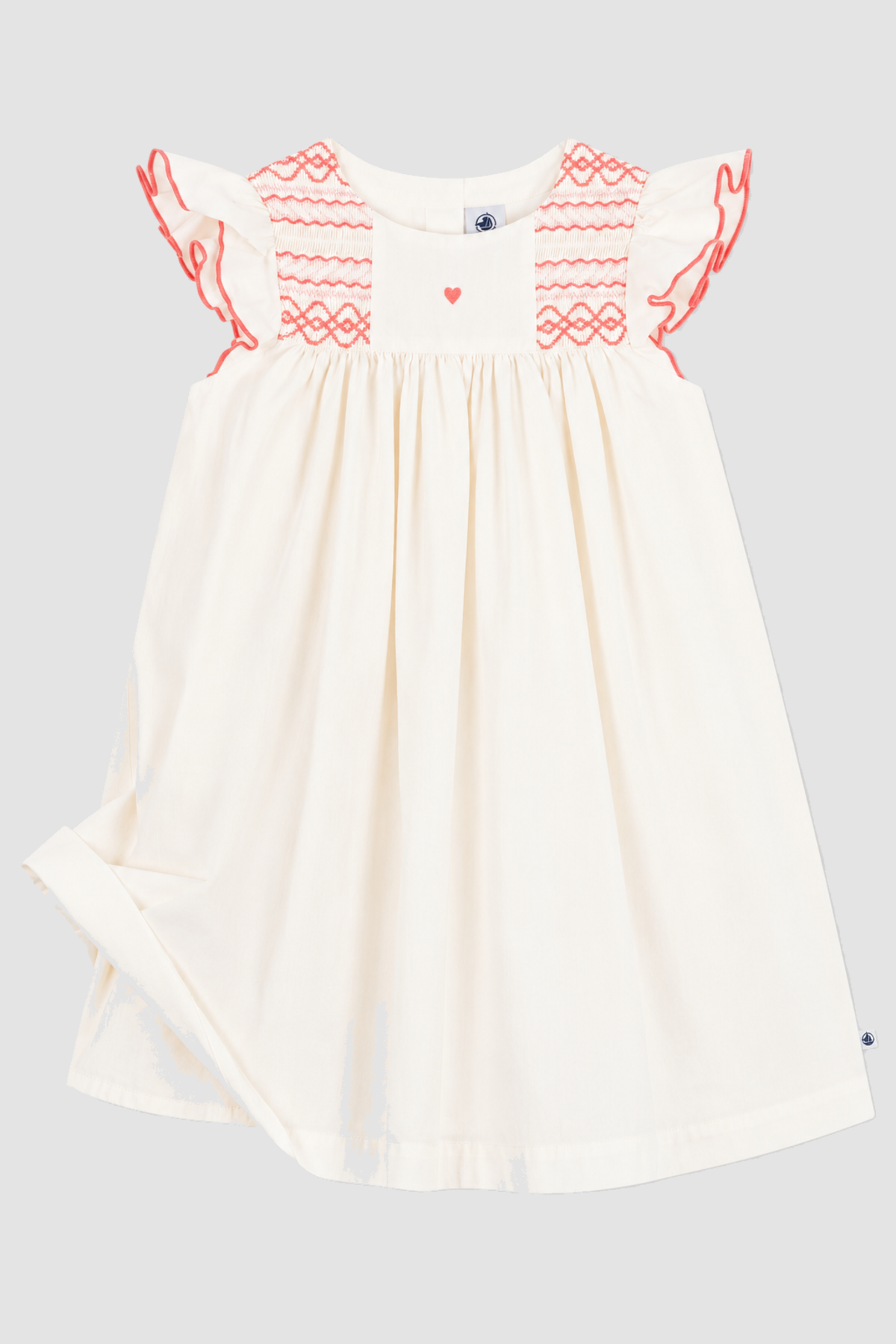 Robe fille Petit Bateau beige à smocks et broderies corail (6 et 10 ans) – vue complémentaire 1