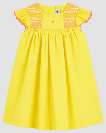 Robe fille Petit Bateau jaune à smocks et manches volantées (8 et 12 ans) – vue de face