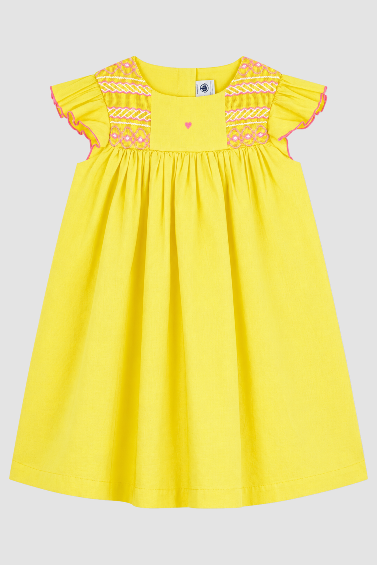 Robe fille Petit Bateau jaune à smocks et manches volantées (8 et 12 ans) – vue de face