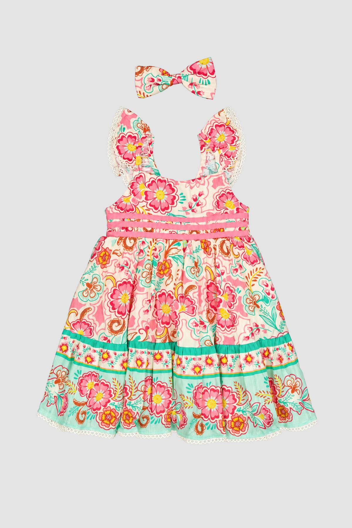 Robe fille Shabby Chic fleurie avec nœud assorti (6 ans) – vue complète