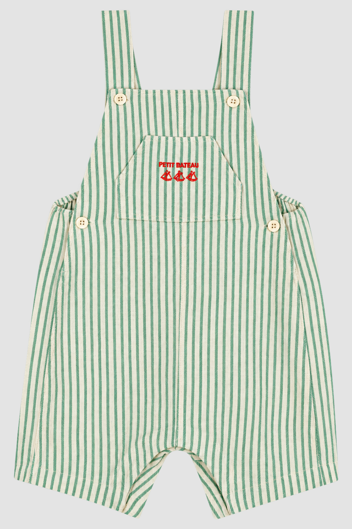 salopette courte Petit Bateau rayée vert et écru vue de face