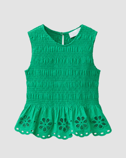 Haut fille vert à smocks et broderie florale – Zara (9, 10 et 11 ans)